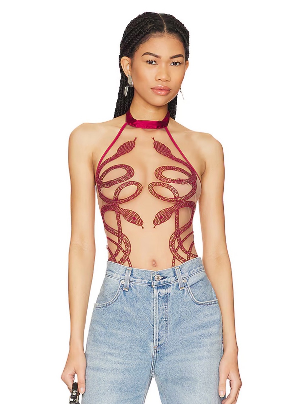 Revolve Thistle and Spire Meduza Snake Lace Halter Bodysuit in Oxblood - Size S